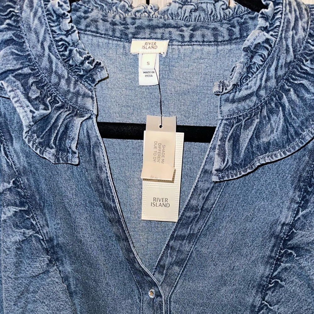 River Island Denim Ruffle Button Up Shirt NWT Small - Picture 8 of 9